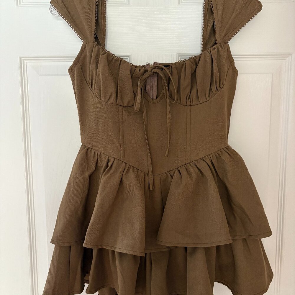 PrettyLittleThing Sage Khaki Twill Corset Rara Romper Size 4